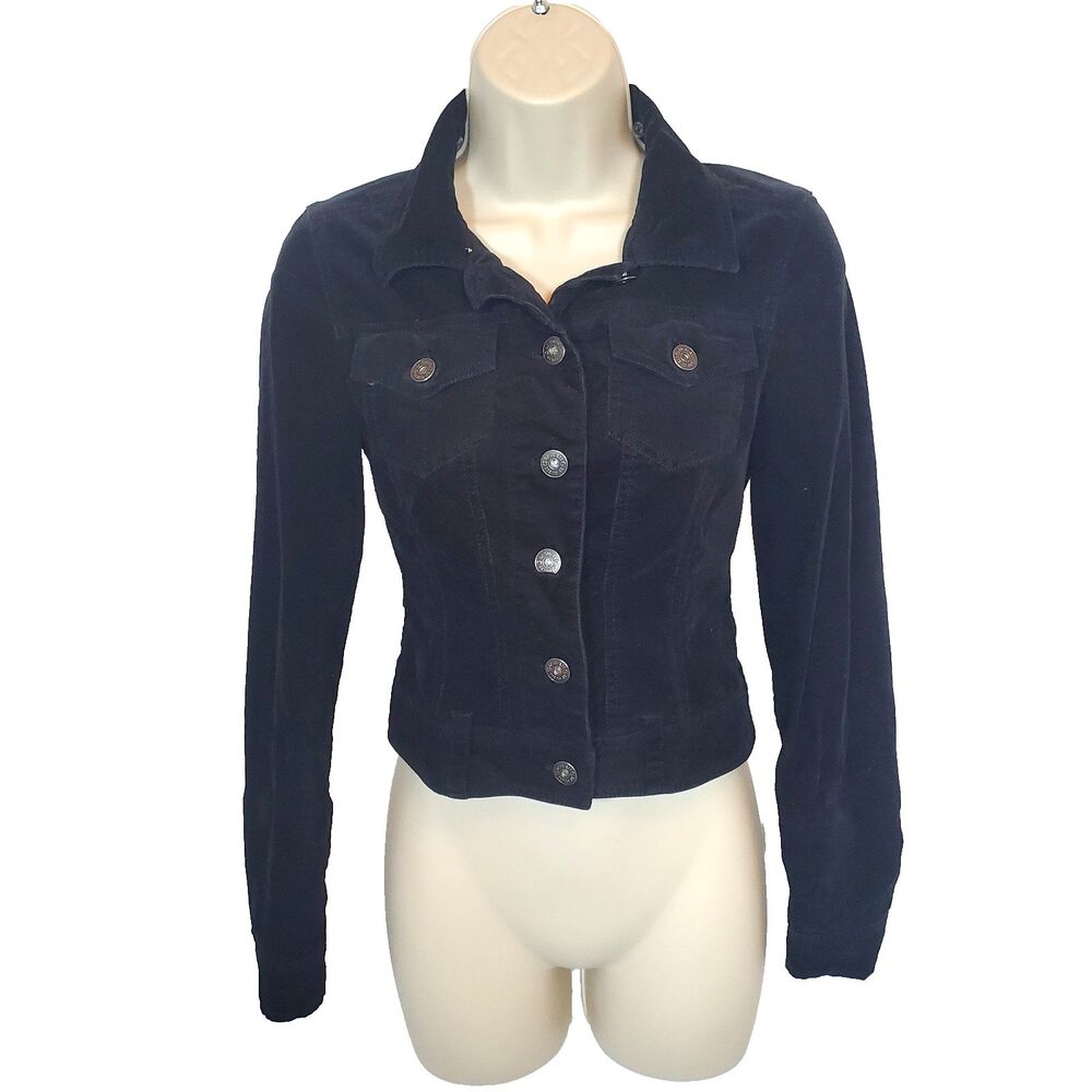 Guess Women’s Trucker Corduroy Jacket Size XS Black Button Front Slim Fit